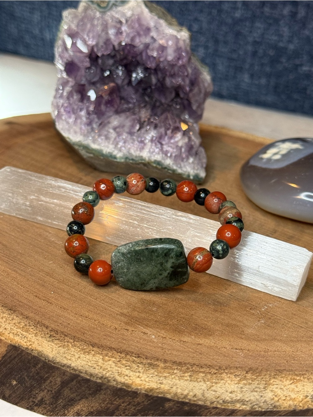 Green and Red Jasper Beaded Stretch Bracelet with Large Green Focal Stone